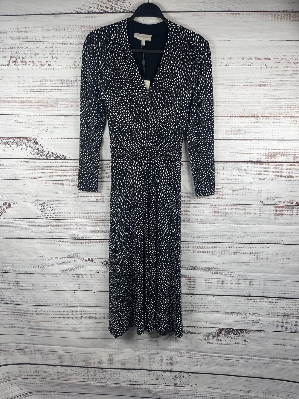 Hobbs Drew Jersey Dress Women's SZ 4 Black White Polka Dot Wrap Midi Long Sleeve